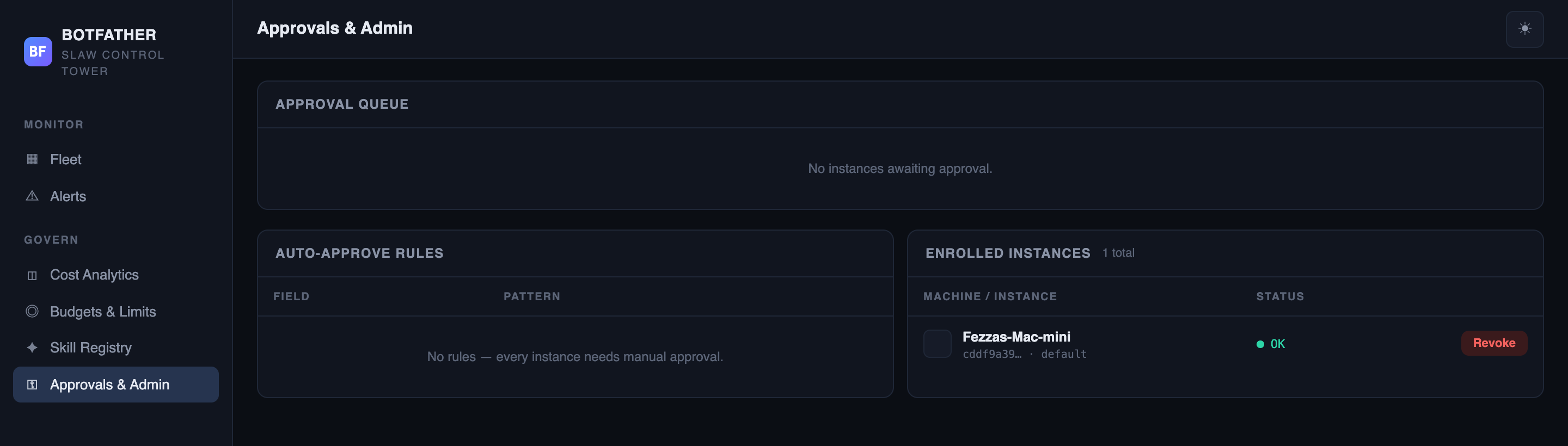 Approvals & Admin showing the approval queue, auto-approve rules, and enrolled instances