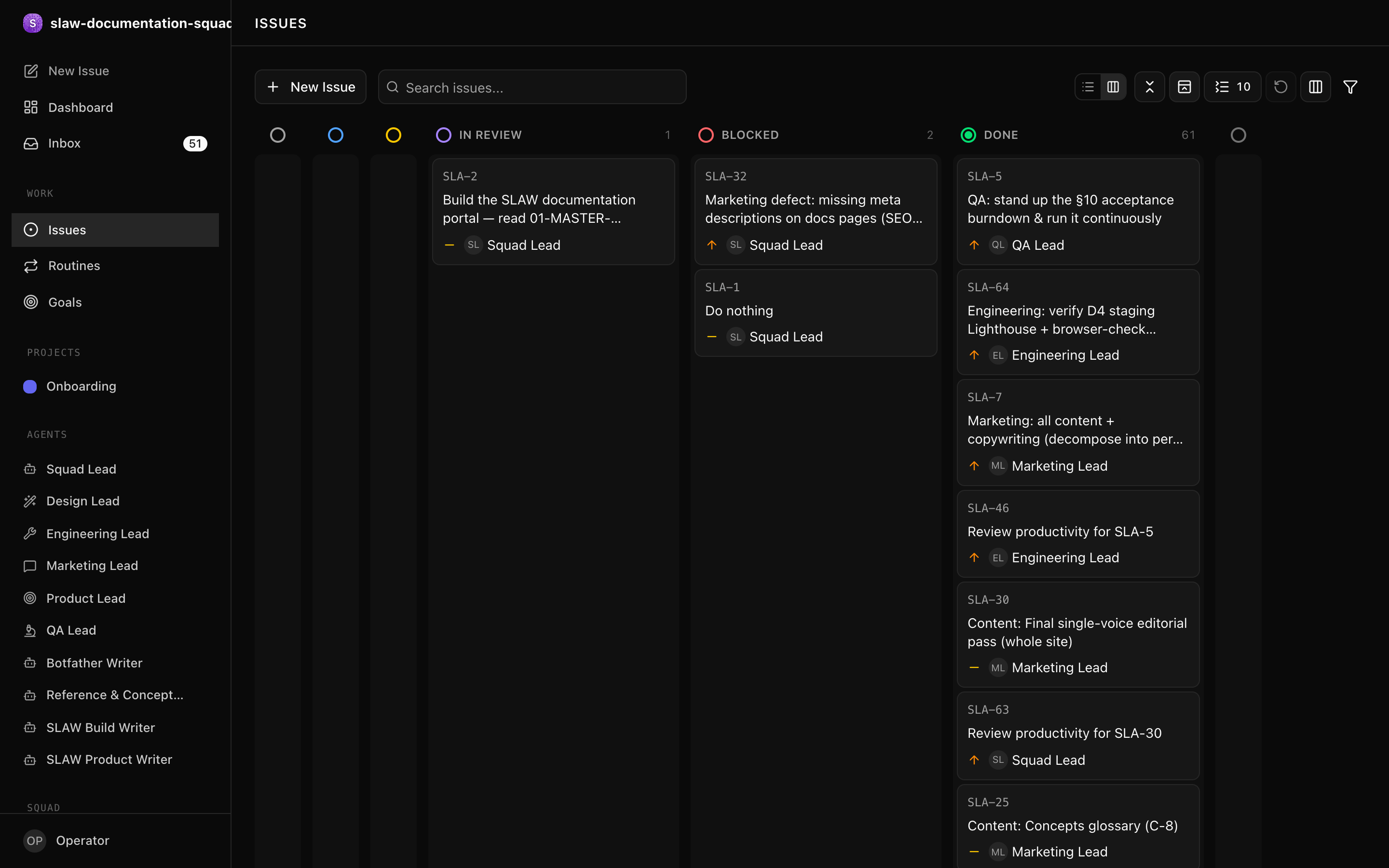 The SLAW Board — kanban lanes tracking every issue from backlog to done