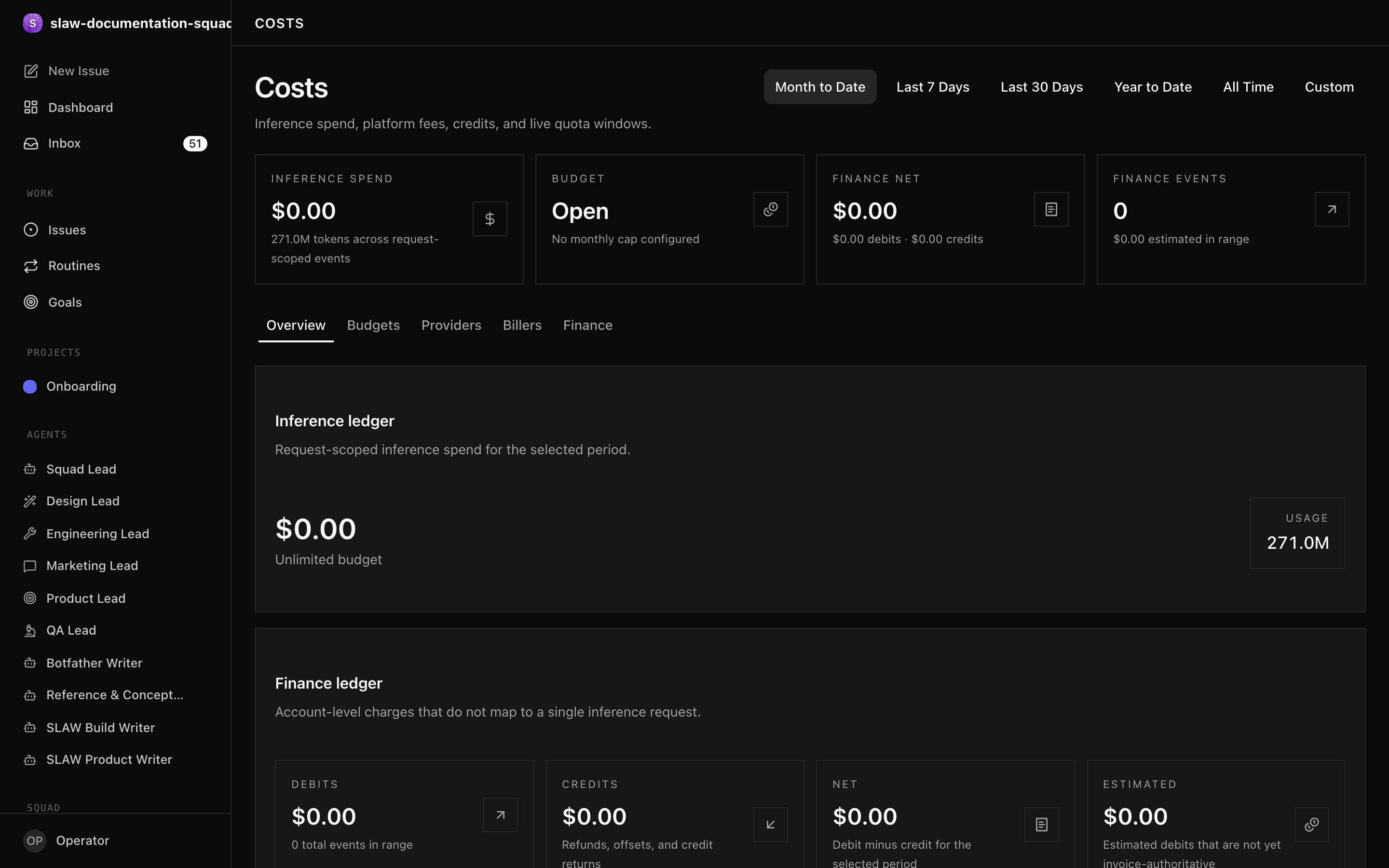 The Costs page — inference spend, budget, finance ledger, and per-agent breakdown